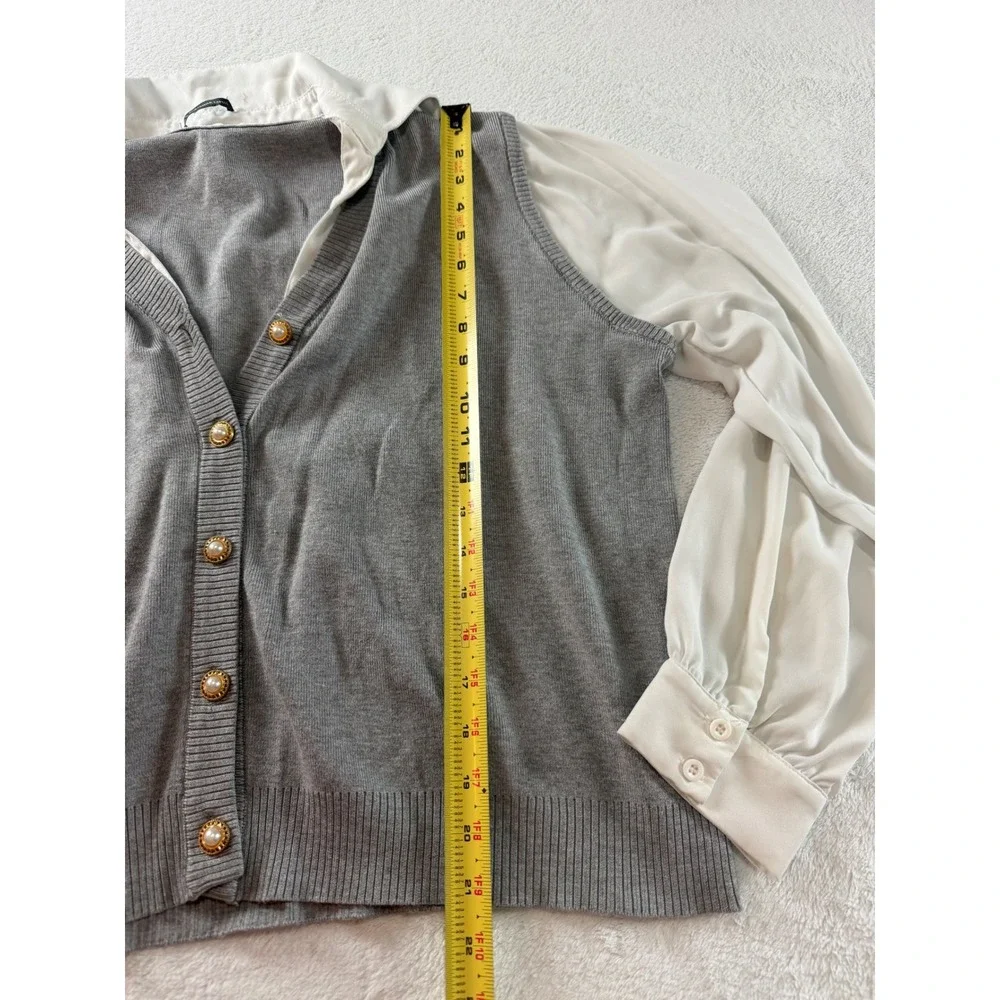 Adrianna Papell Mixed Media Cardigan Grey Knit White Chiffon Sleeve Pearl Button